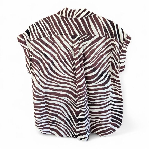 Banana Republic Zebra Print Button-Down Short Sleeve Shirt Brown/White Medium - Picture 2 of 8